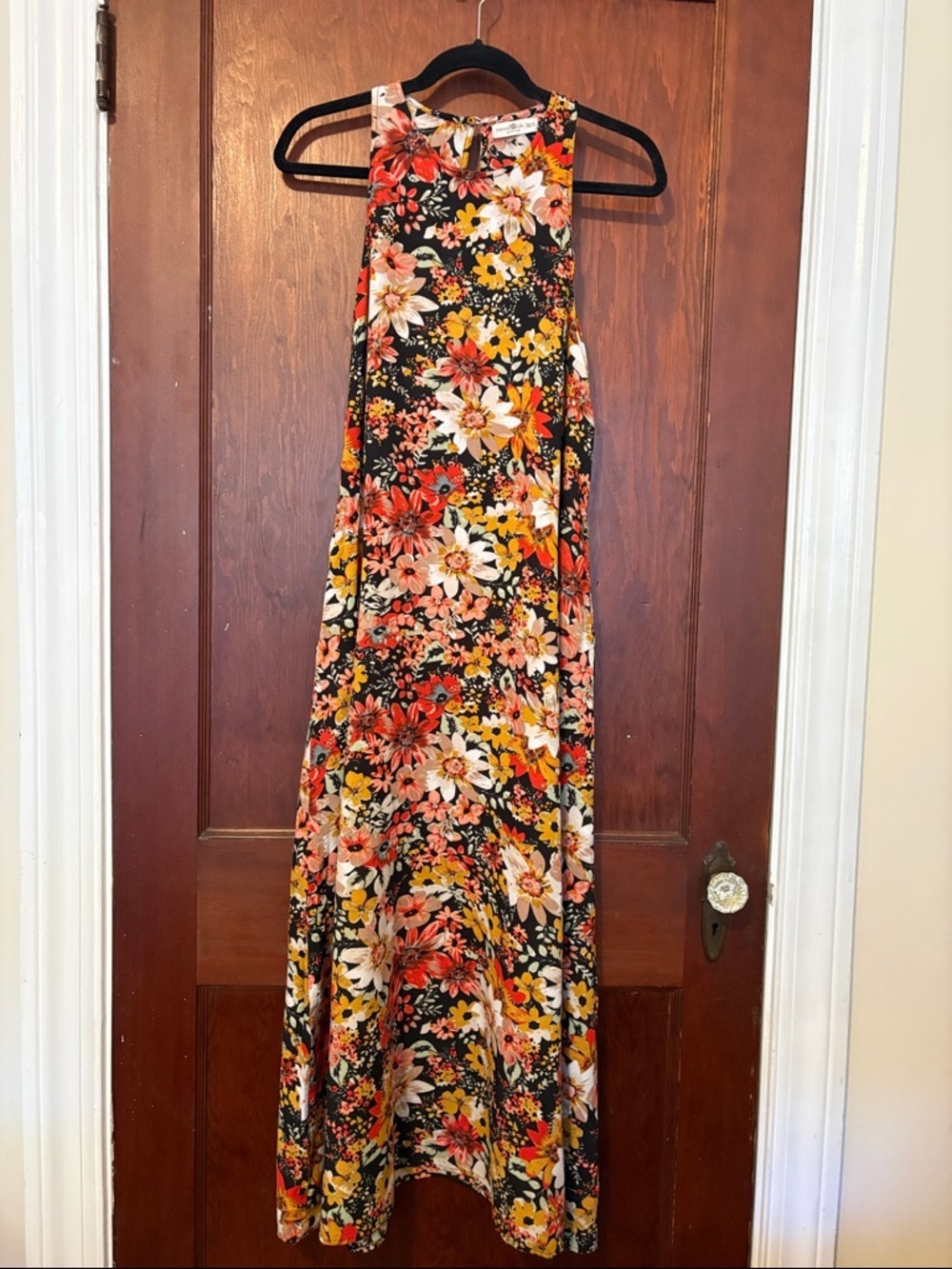 Natural Life Sleeveless Black Floral Maxi Dress with Orange and Yellow Blooms